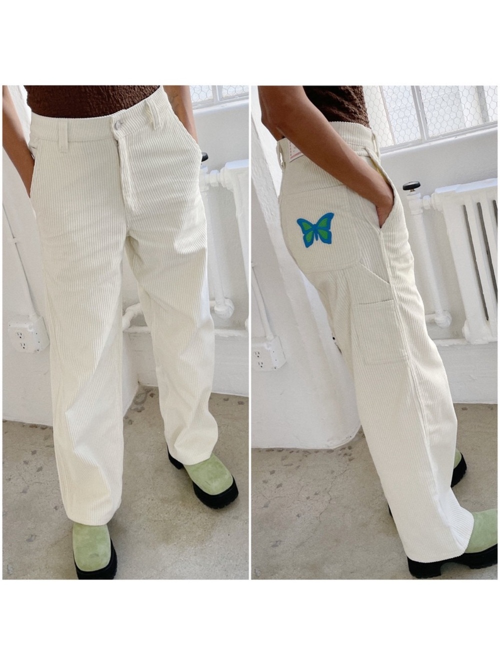 Lisa Says Gah Cream Corduroy Wide-Leg Pants with Blue-Green Butterfly